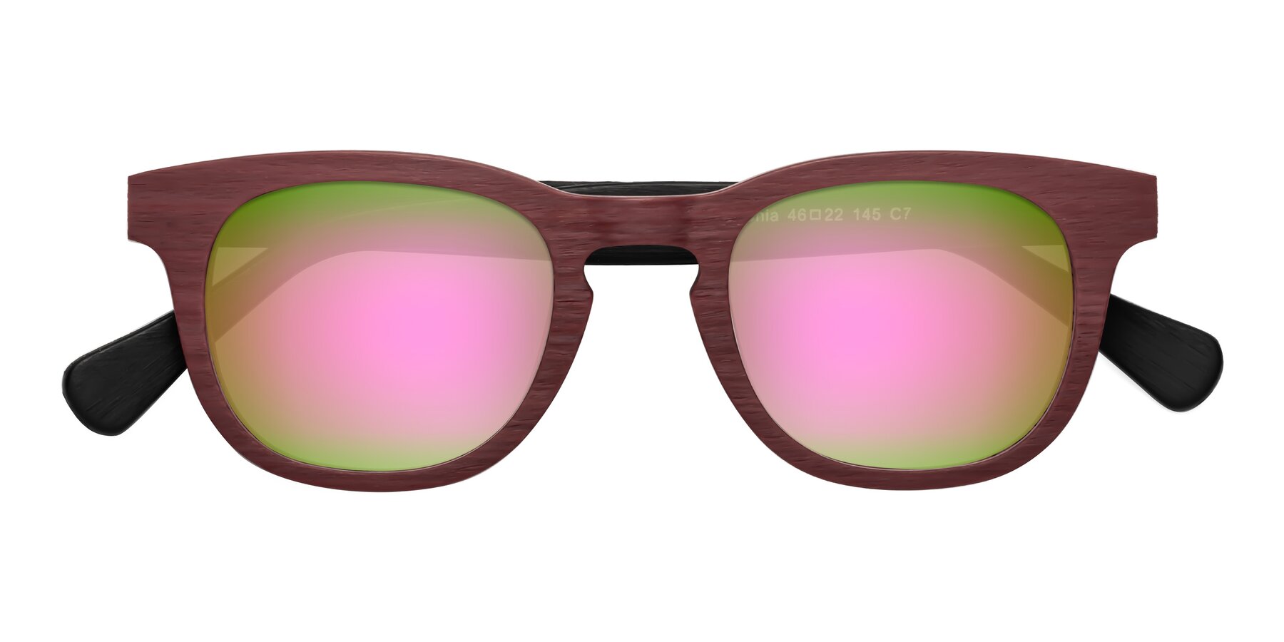 Folded Front of Tonia in Burgundy-Black Woodgrain with Pink Mirrored Lenses