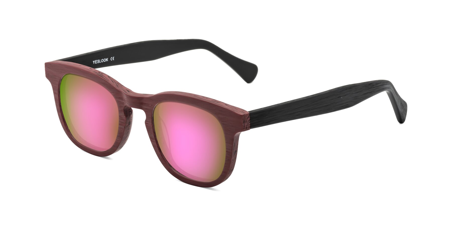 Angle of Tonia in Burgundy-Black Woodgrain with Pink Mirrored Lenses