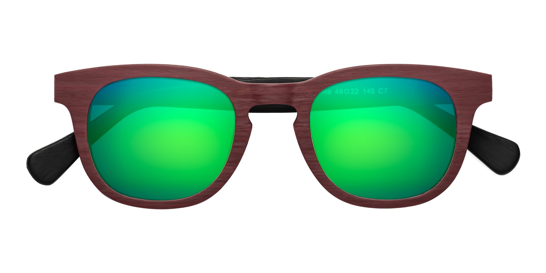 Folded Front of Tonia in Burgundy-Black Woodgrain with Green Mirrored Lenses