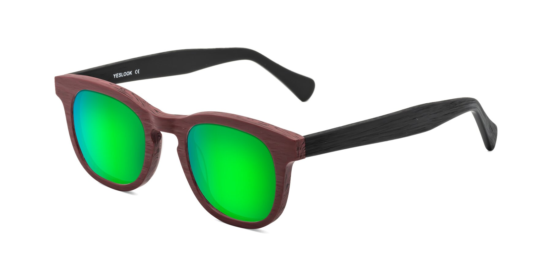 Angle of Tonia in Burgundy-Black Woodgrain with Green Mirrored Lenses