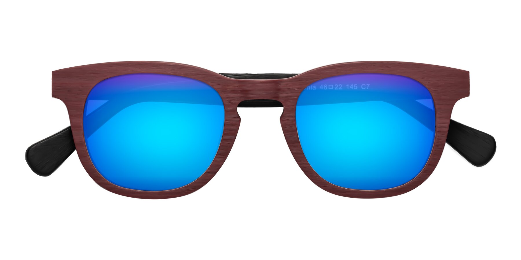 Folded Front of Tonia in Burgundy-Black Woodgrain with Blue Mirrored Lenses