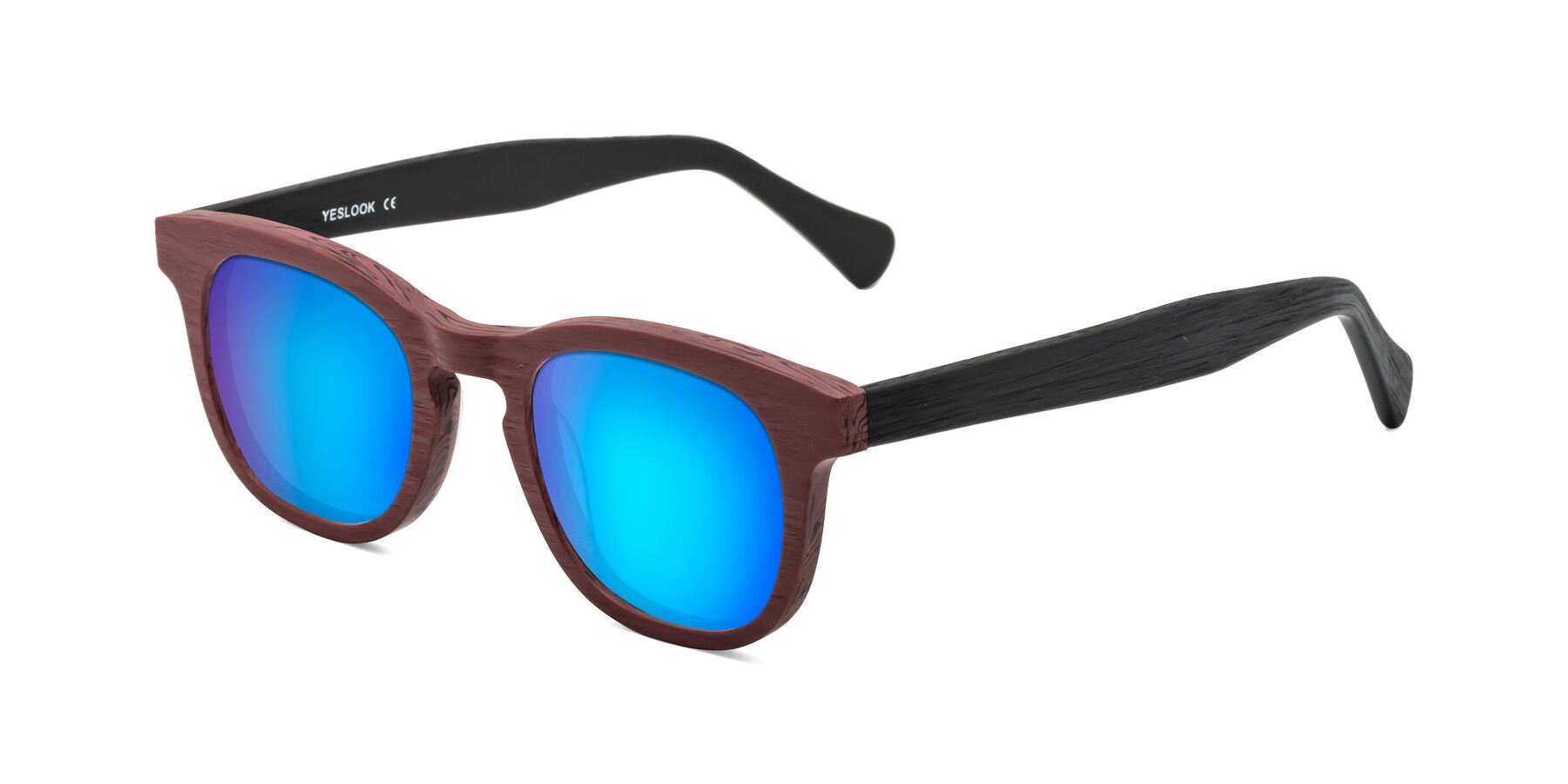 Angle of Tonia in Burgundy-Black Woodgrain with Blue Mirrored Lenses