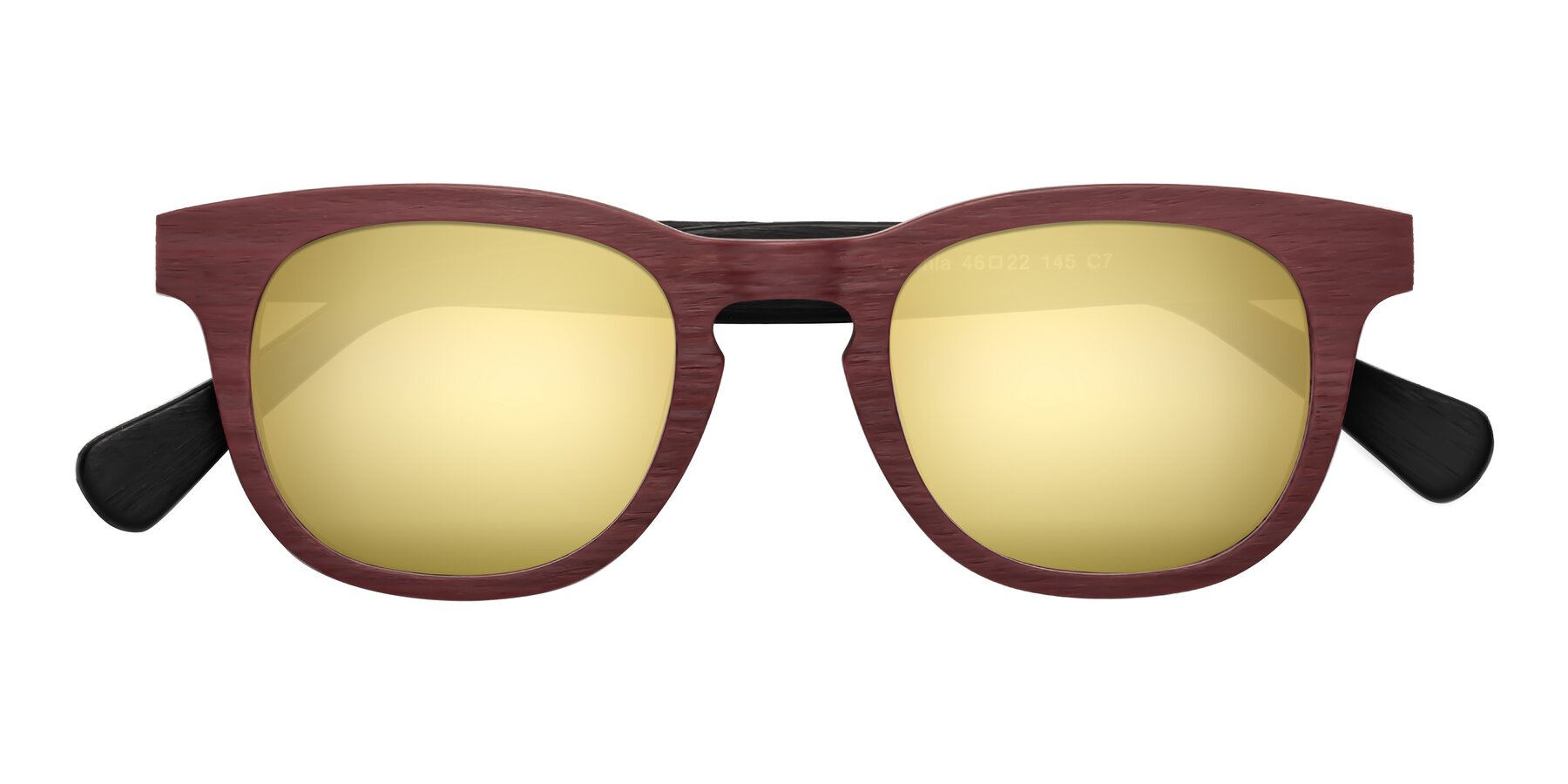 Folded Front of Tonia in Burgundy-Black Woodgrain with Gold Mirrored Lenses