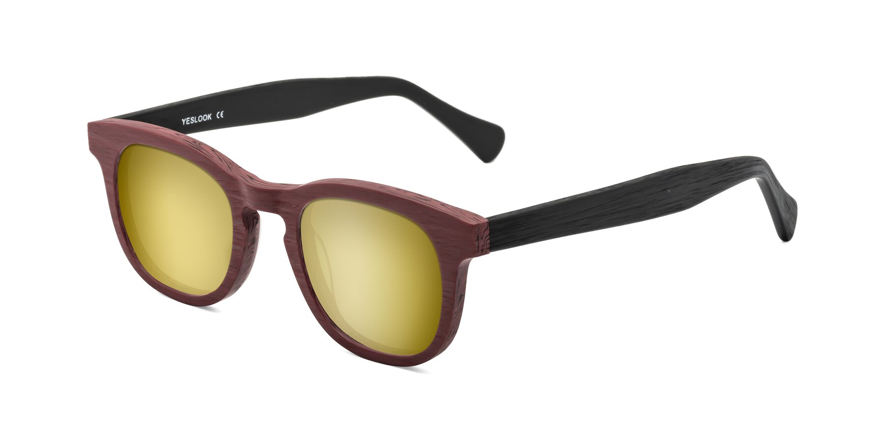 Angle of Tonia in Burgundy-Black Woodgrain with Gold Mirrored Lenses