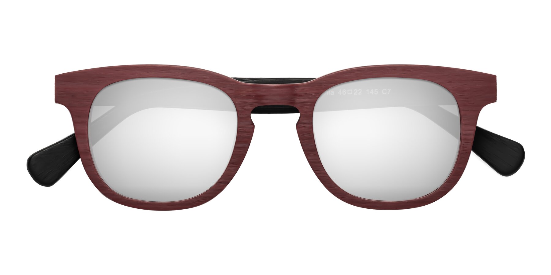 Folded Front of Tonia in Burgundy-Black Woodgrain with Silver Mirrored Lenses