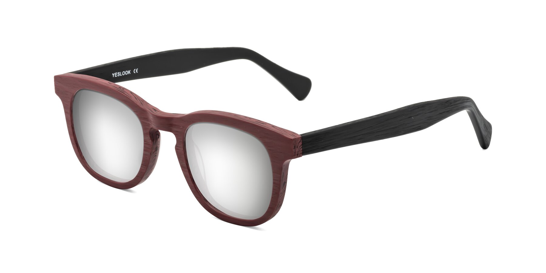 Angle of Tonia in Burgundy-Black Woodgrain with Silver Mirrored Lenses