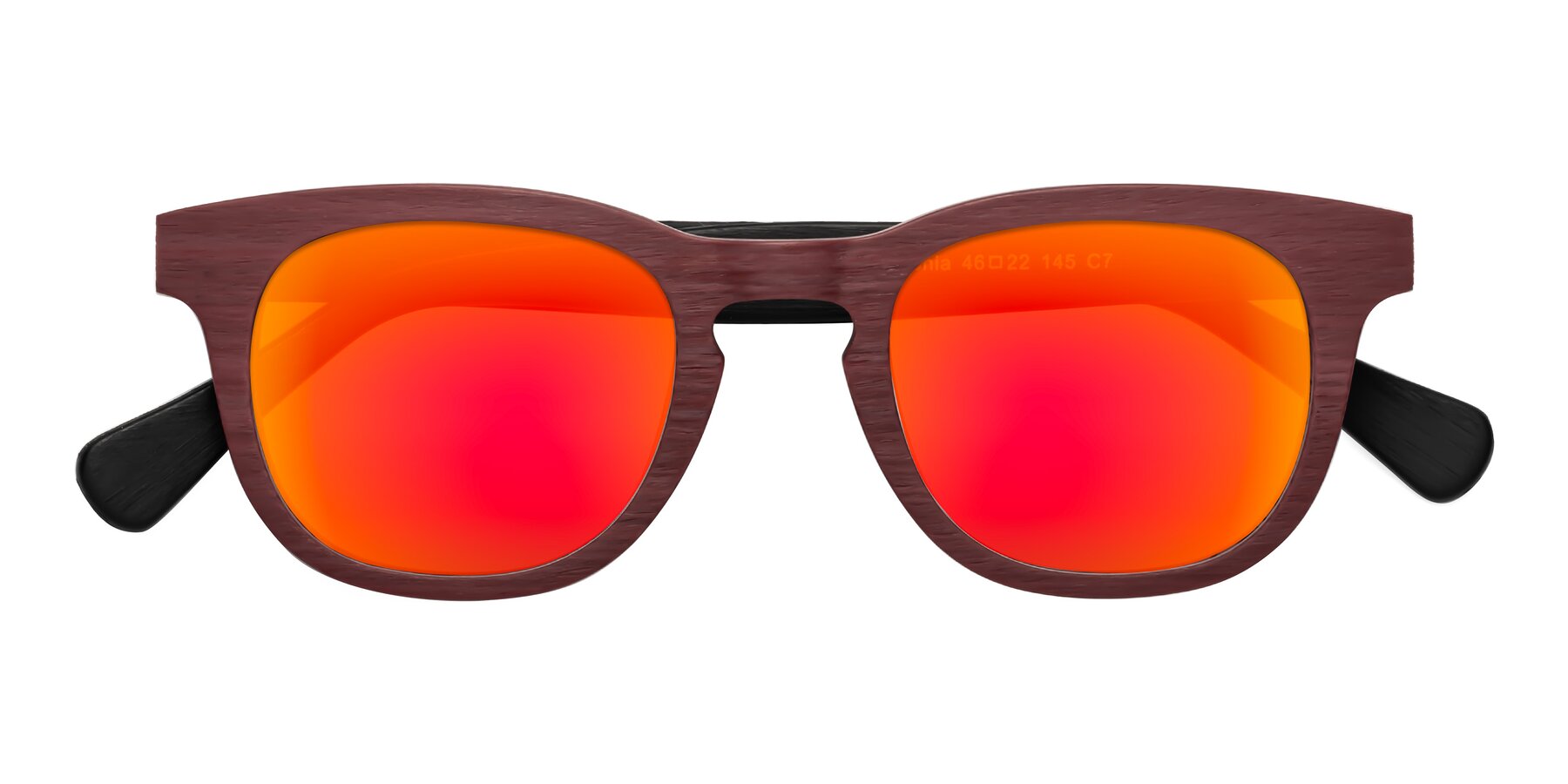 Folded Front of Tonia in Burgundy-Black Woodgrain with Red Gold Mirrored Lenses