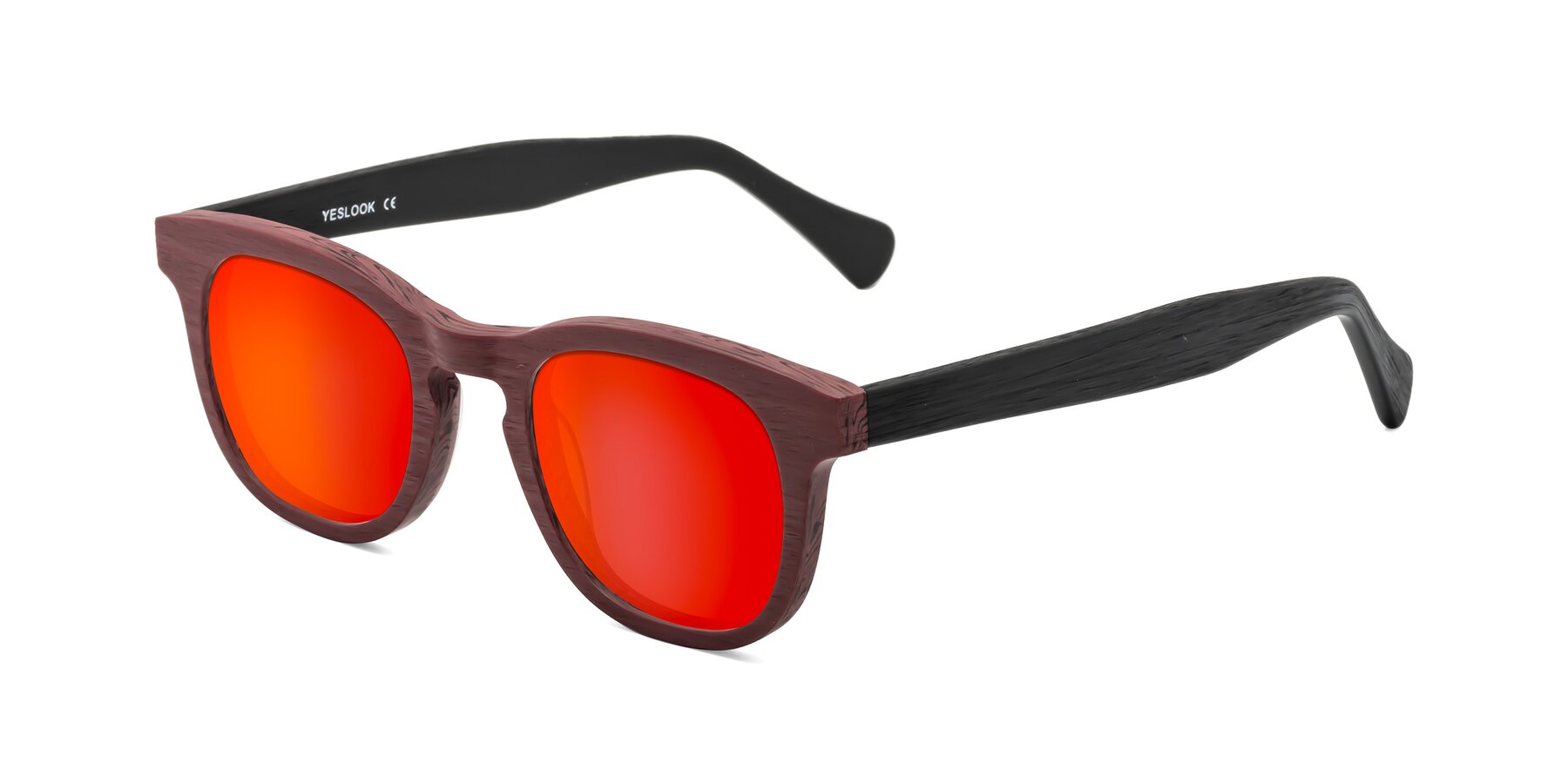 Angle of Tonia in Burgundy-Black Woodgrain with Red Gold Mirrored Lenses