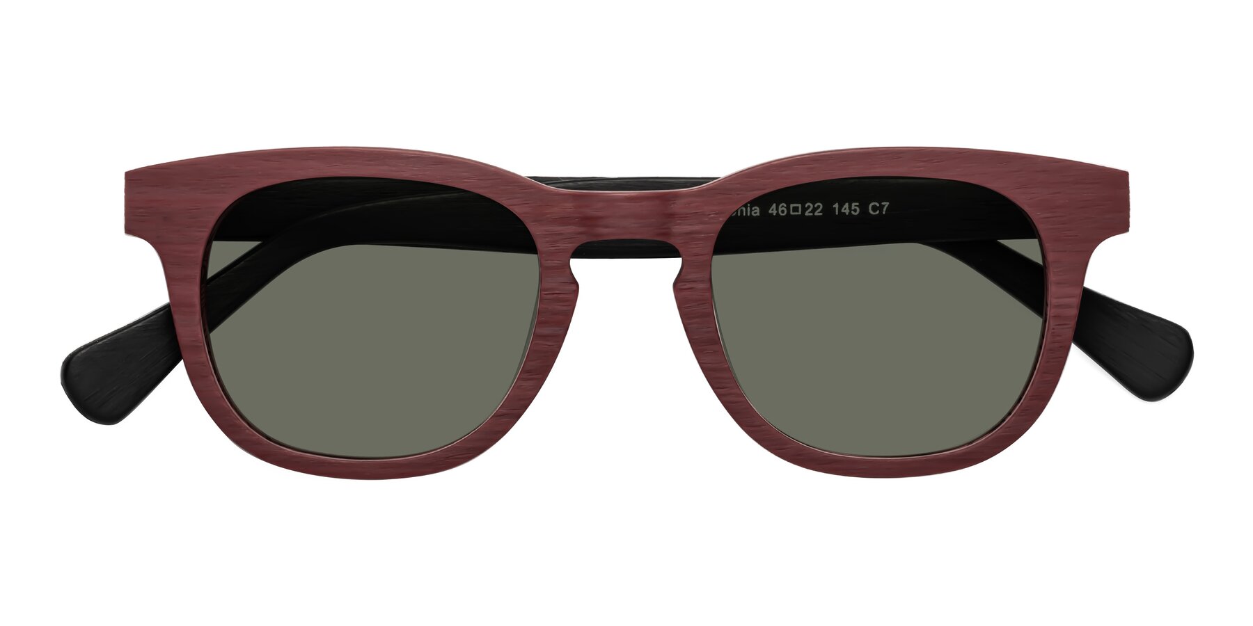 Folded Front of Tonia in Burgundy-Black Woodgrain with Gray Polarized Lenses