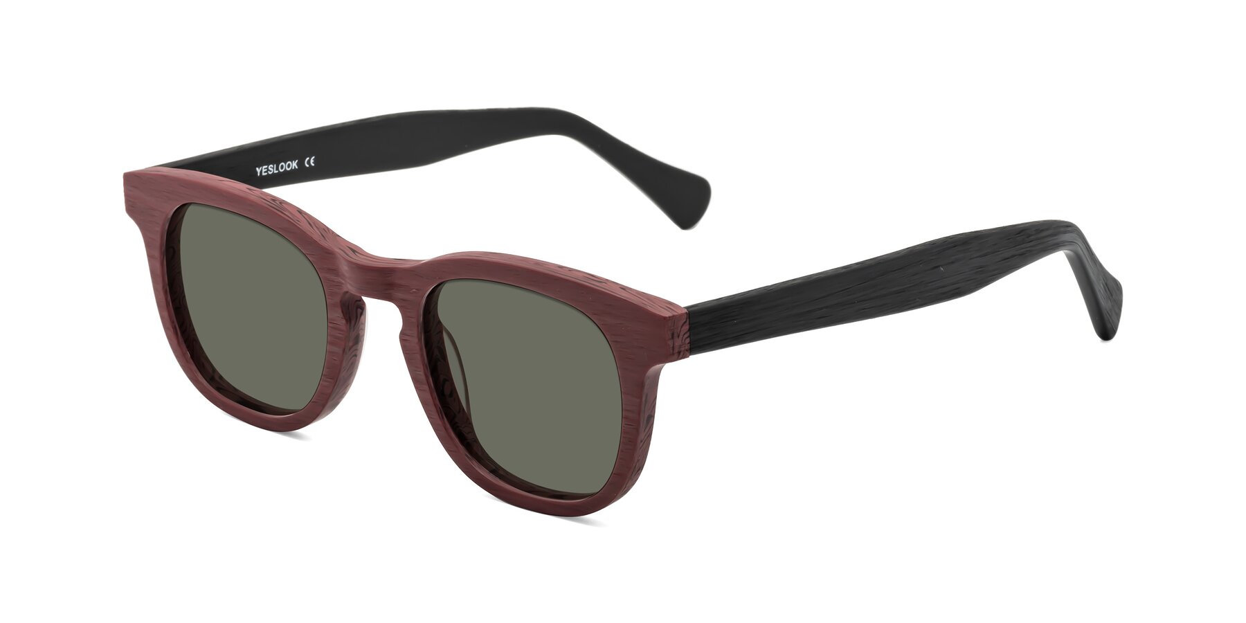 Angle of Tonia in Burgundy-Black Woodgrain with Gray Polarized Lenses