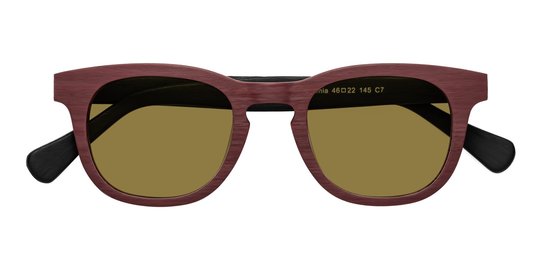 Folded Front of Tonia in Burgundy-Black Woodgrain with Brown Polarized Lenses