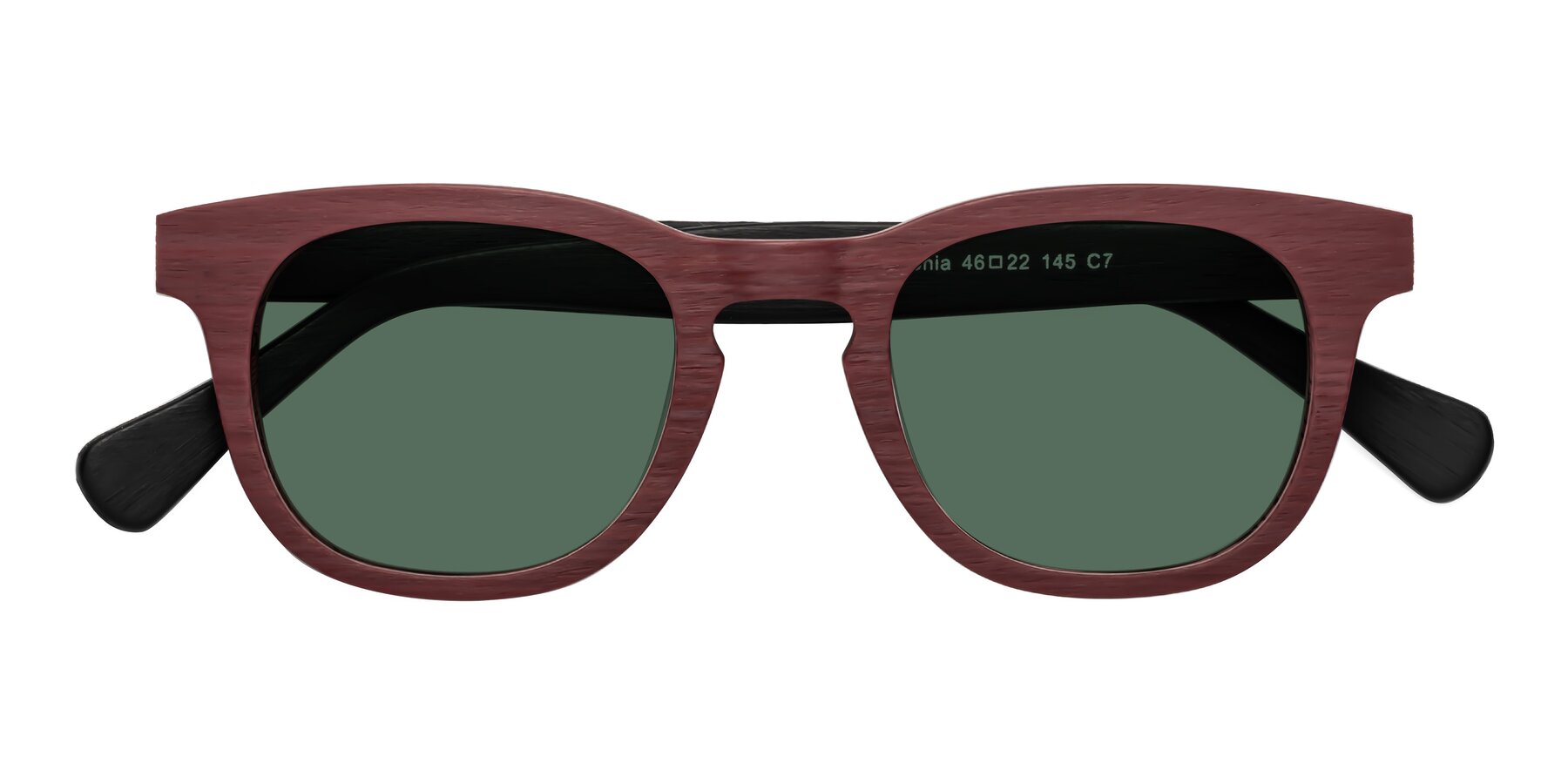 Folded Front of Tonia in Burgundy-Black Woodgrain with Green Polarized Lenses