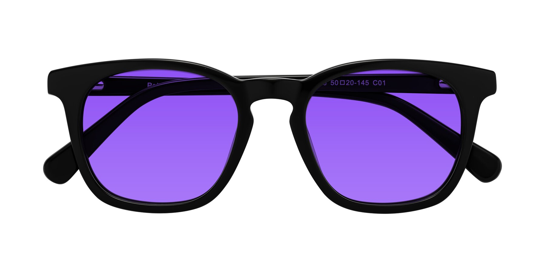 Folded Front of Polite in Black with Purple Tinted Lenses
