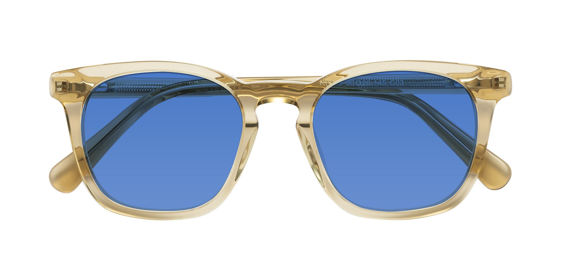 Folded Front of Polite in Champagne with Blue Tinted Lenses