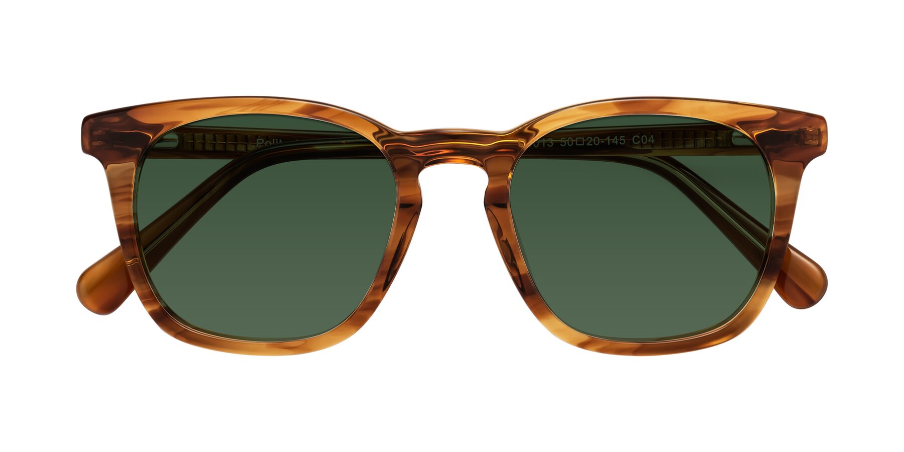 Folded Front of Polite in Amber Striped with Green Tinted Lenses