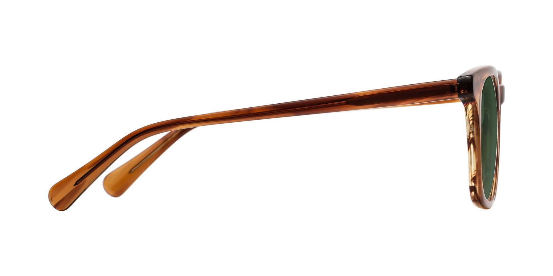 Side of Polite in Amber Striped with Green Tinted Lenses