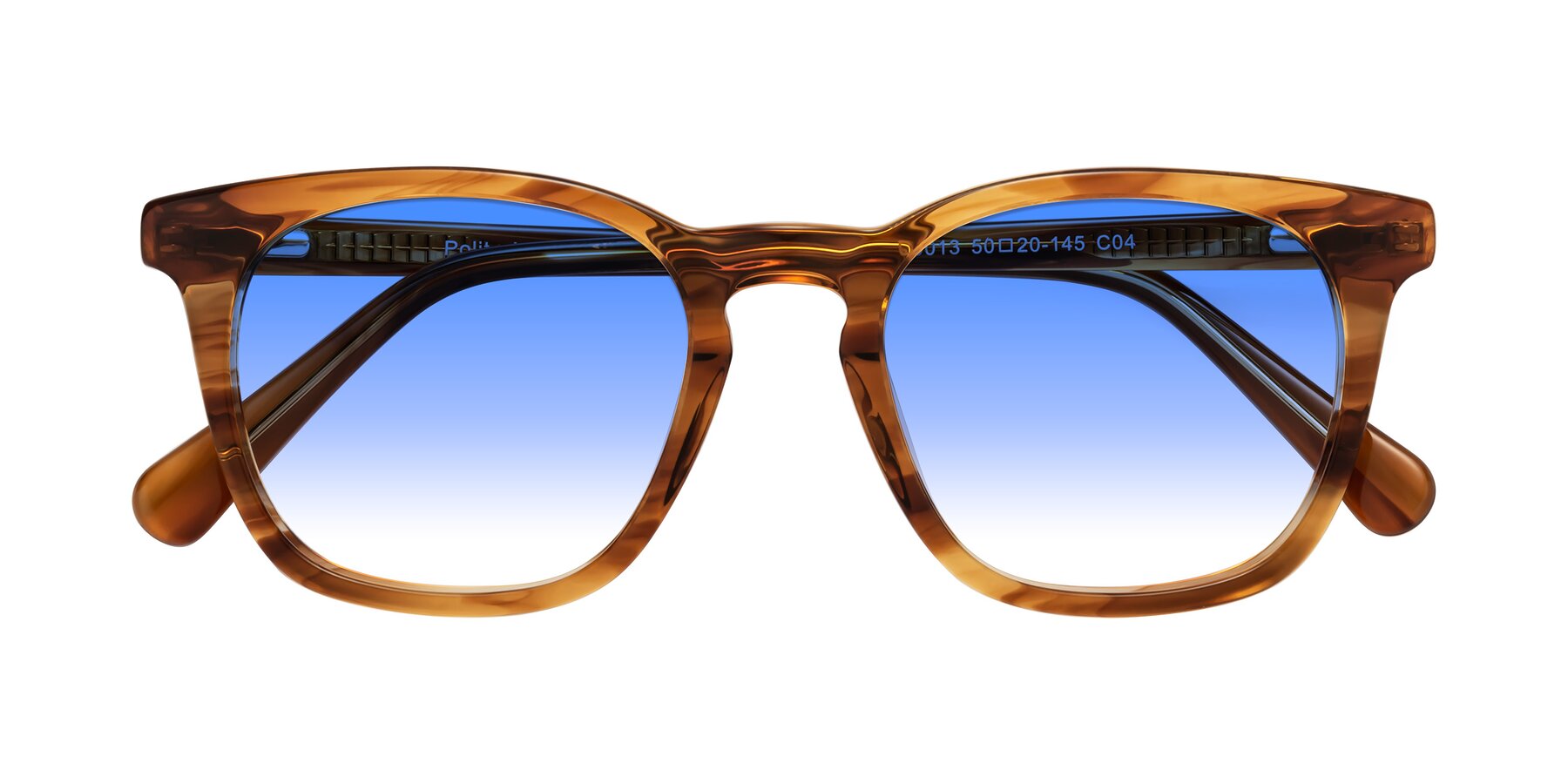 Folded Front of Polite in Amber Striped with Blue Gradient Lenses