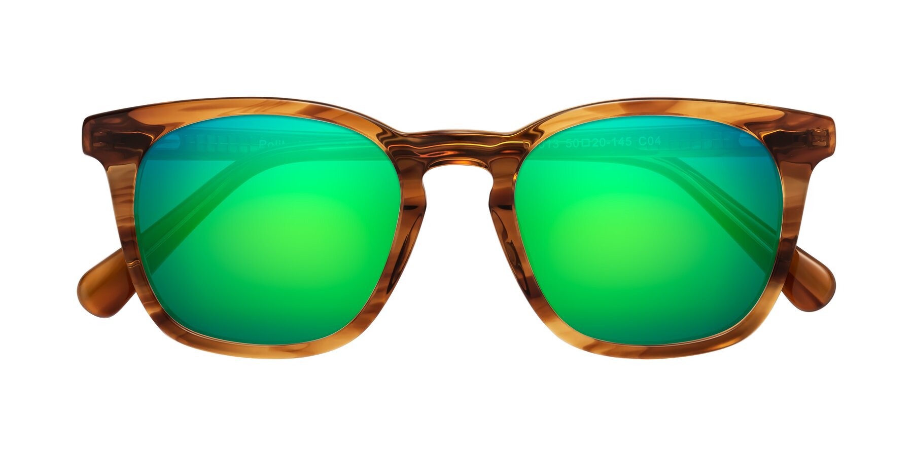 Folded Front of Polite in Amber Striped with Green Mirrored Lenses