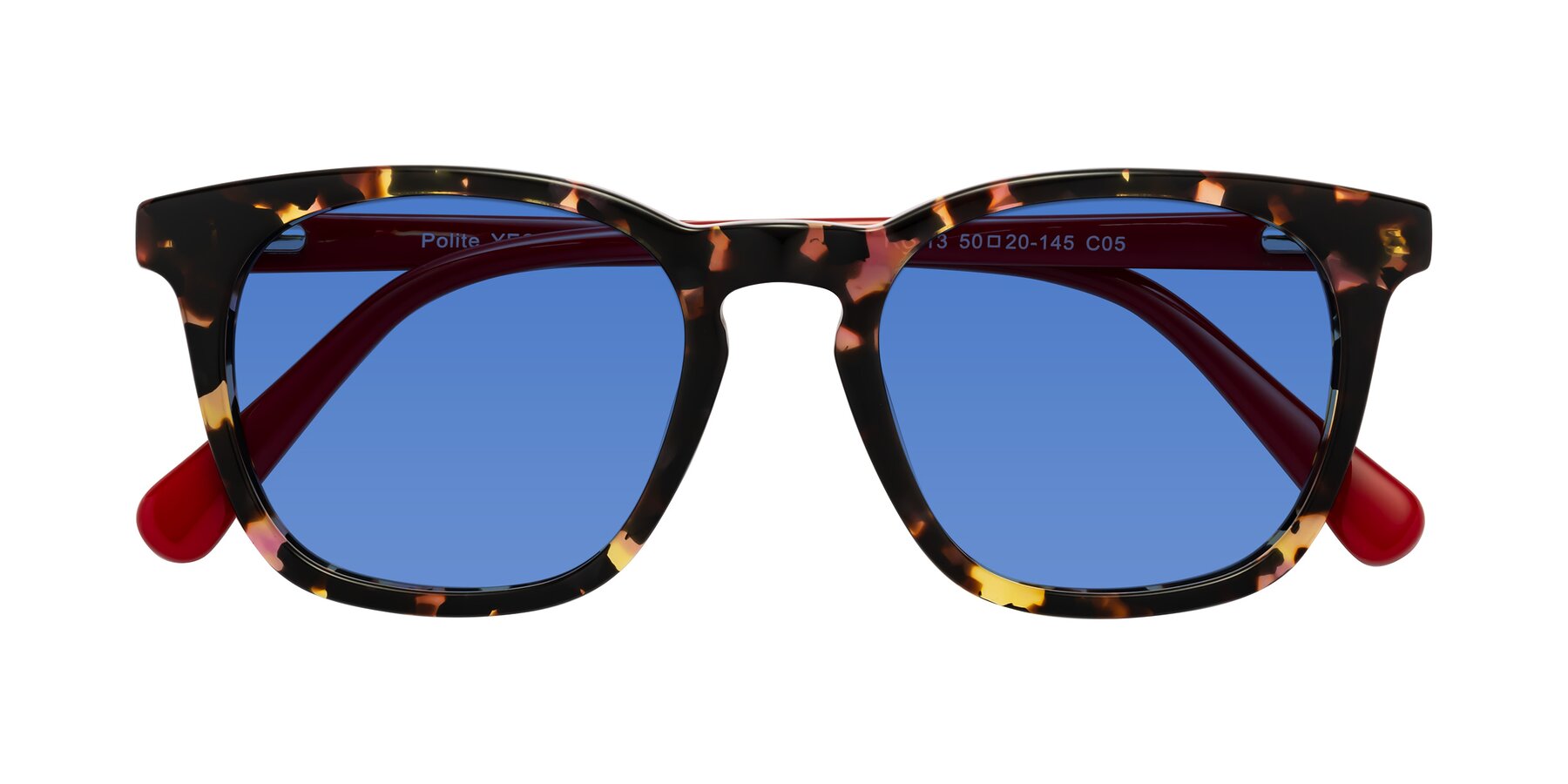Folded Front of Polite in Tortoise/Red with Blue Tinted Lenses