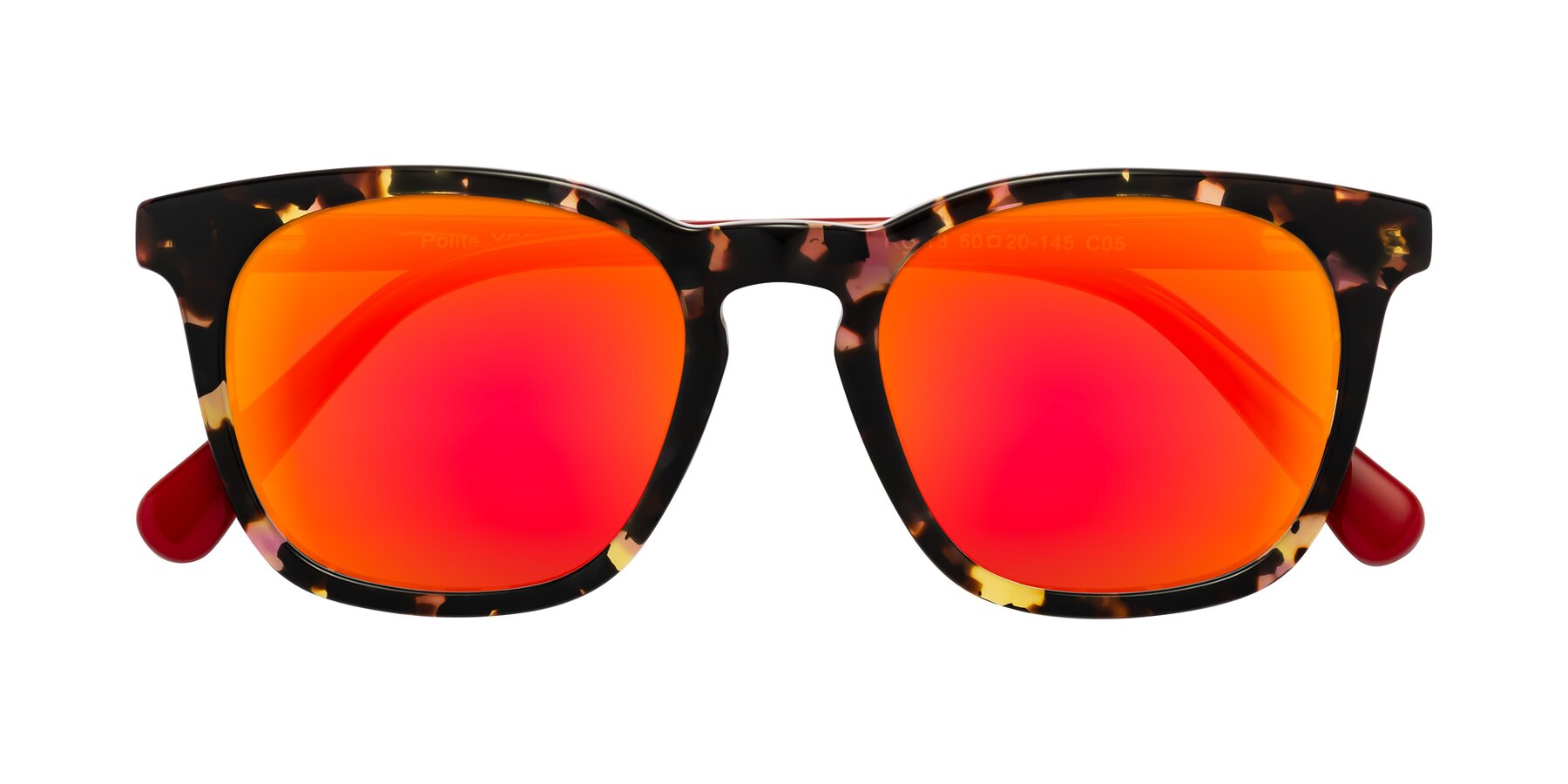 Folded Front of Polite in Tortoise/Red with Red Gold Mirrored Lenses