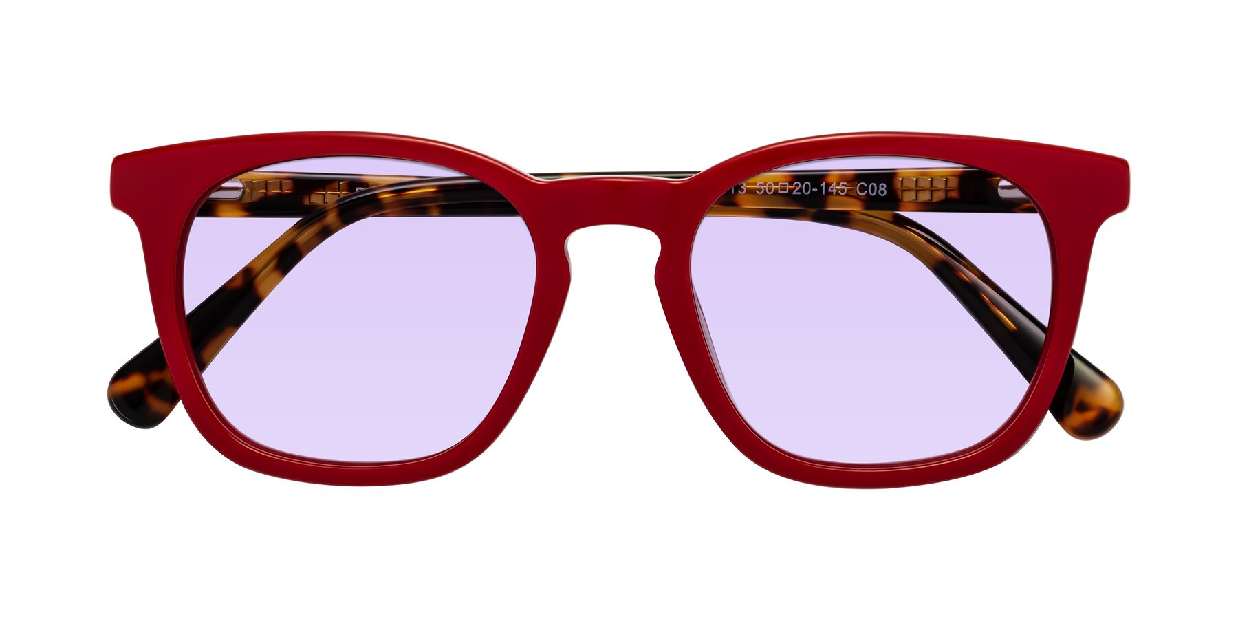 Folded Front of Polite in Red-Tortoise with Light Purple Tinted Lenses