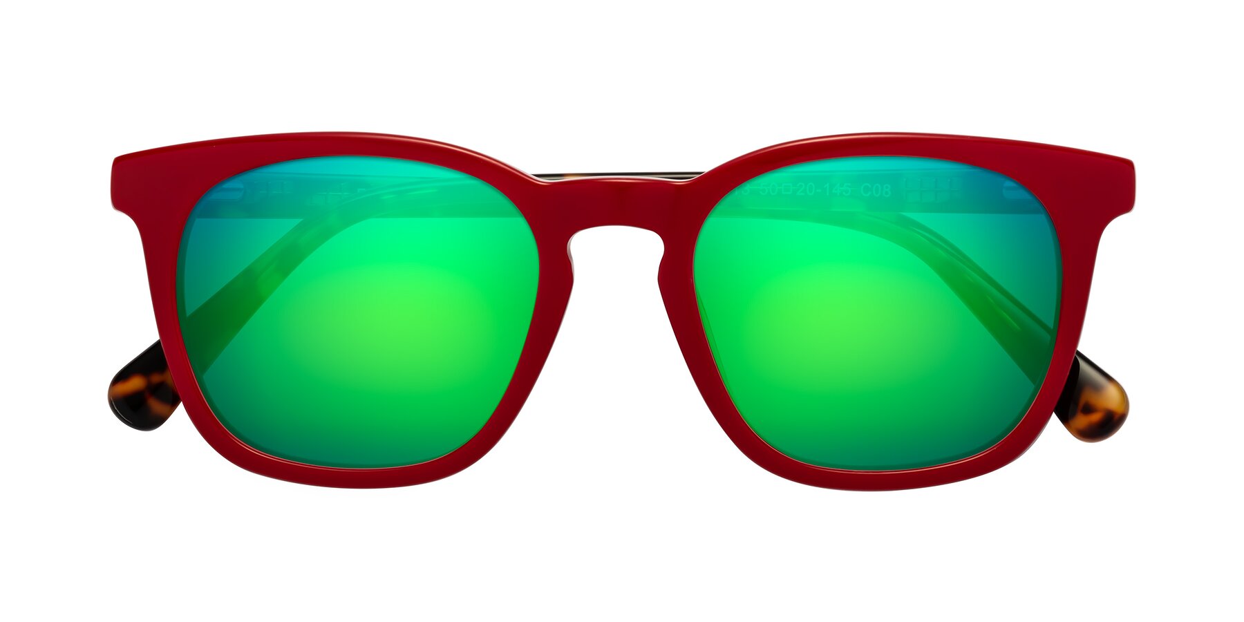 Folded Front of Polite in Red-Tortoise with Green Mirrored Lenses