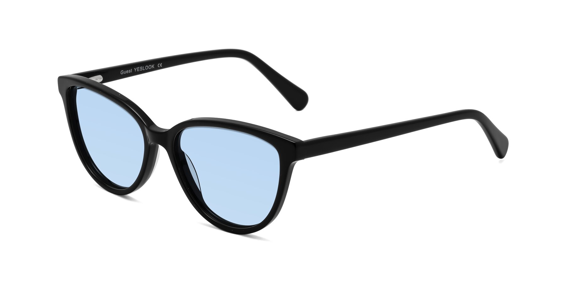 Angle of Guest in Black with Light Blue Tinted Lenses