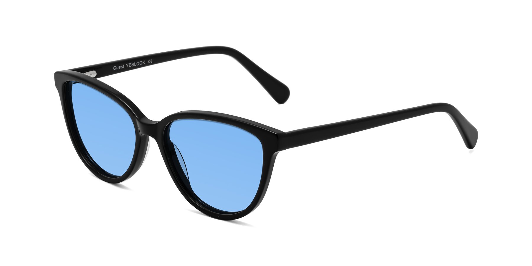 Angle of Guest in Black with Medium Blue Tinted Lenses