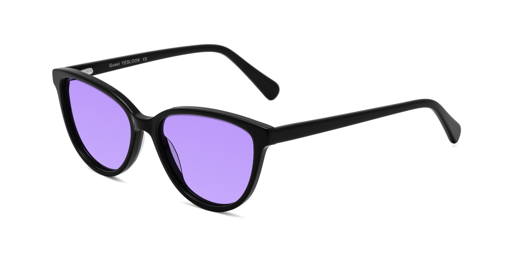 Angle of Guest in Black with Medium Purple Tinted Lenses