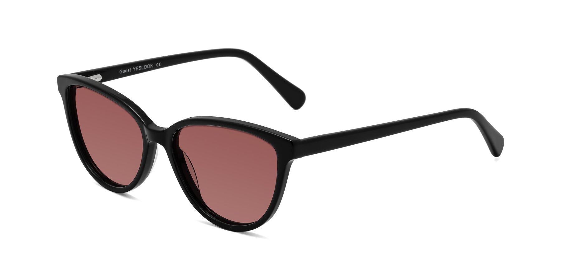 Angle of Guest in Black with Garnet Tinted Lenses