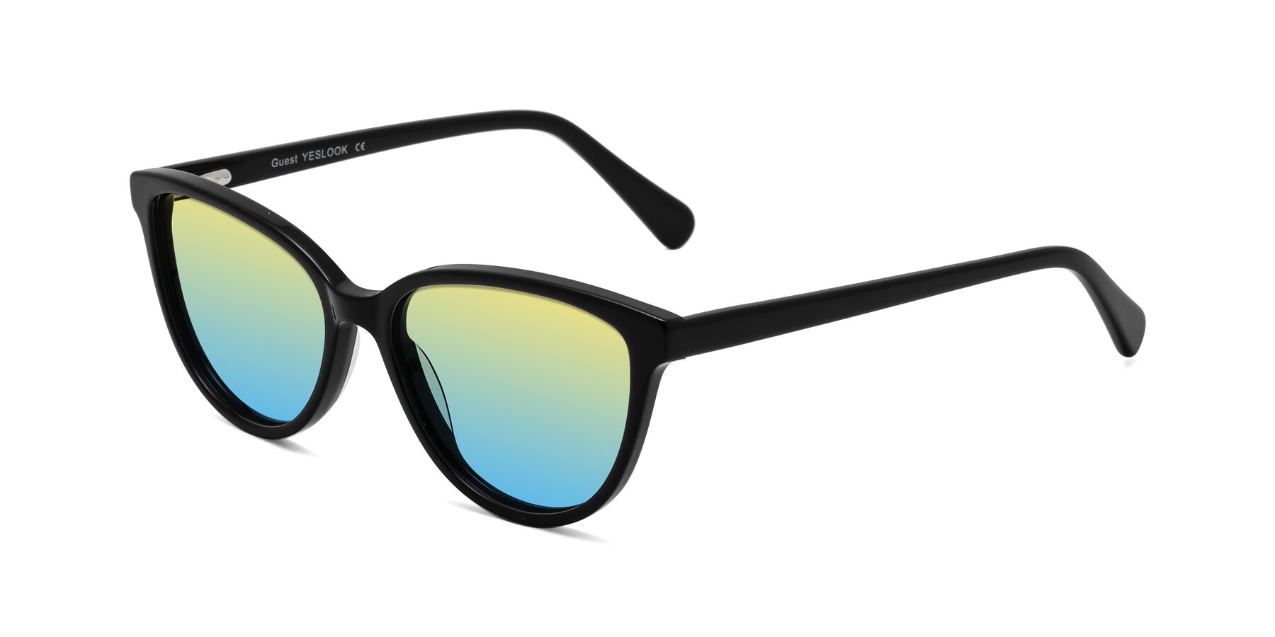 Angle of Guest in Black with Yellow / Blue Gradient Lenses