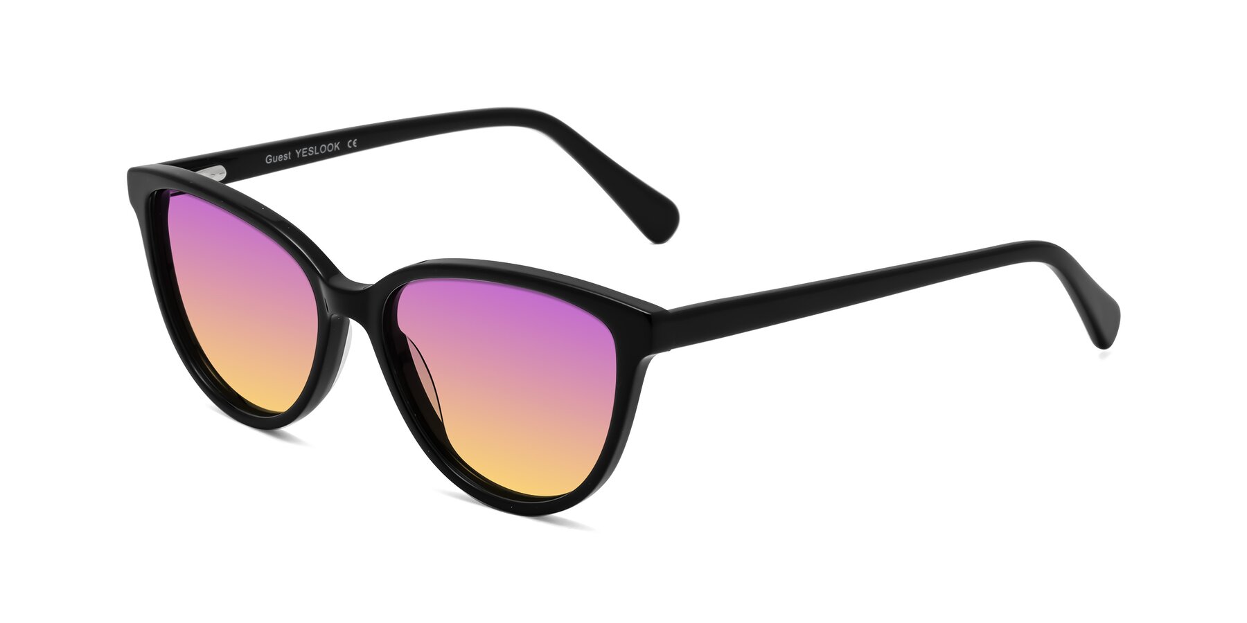 Angle of Guest in Black with Purple / Yellow Gradient Lenses