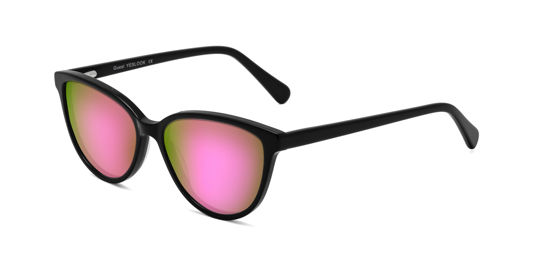 Angle of Guest in Black with Pink Mirrored Lenses