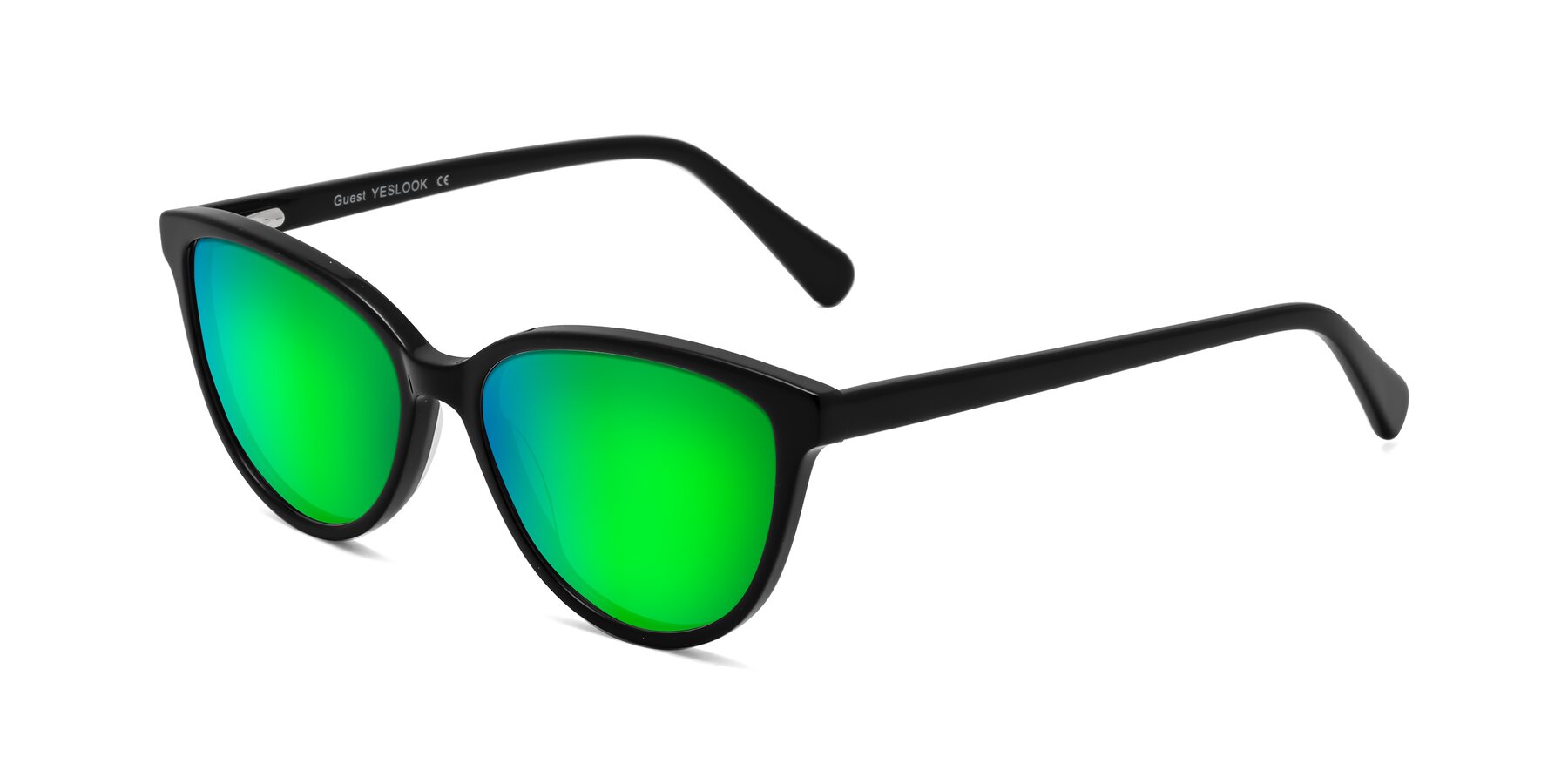 Angle of Guest in Black with Green Mirrored Lenses