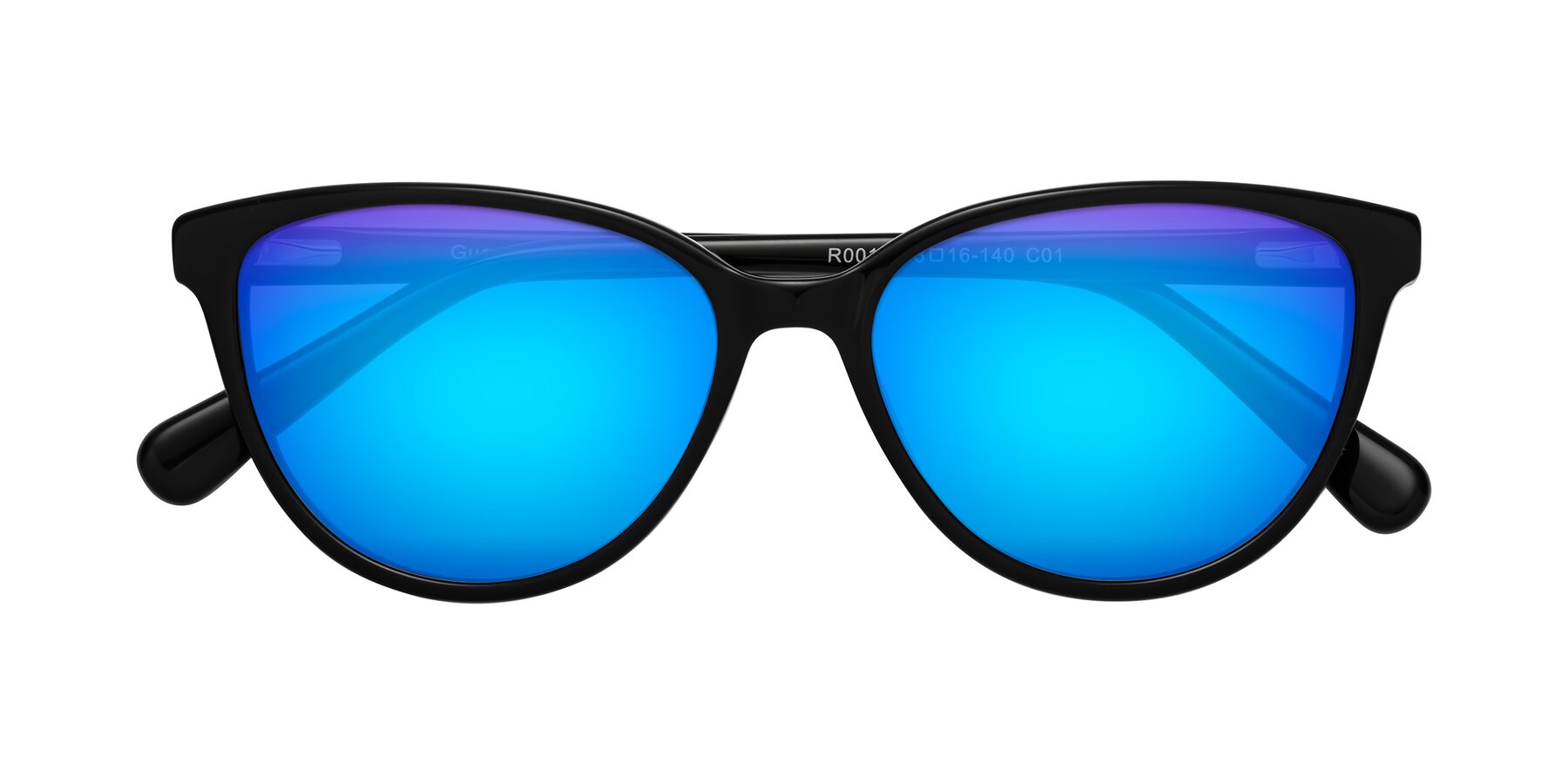 Folded Front of Guest in Black with Blue Mirrored Lenses