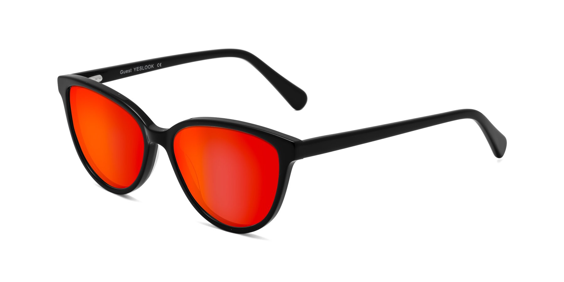 Angle of Guest in Black with Red Gold Mirrored Lenses