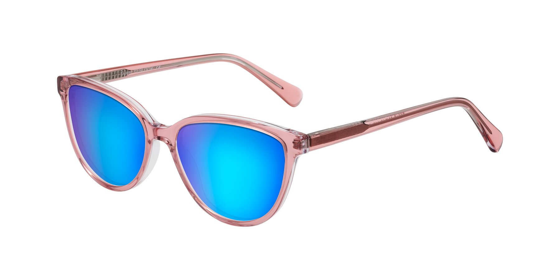 Angle of Guest in Pink with Blue Mirrored Lenses