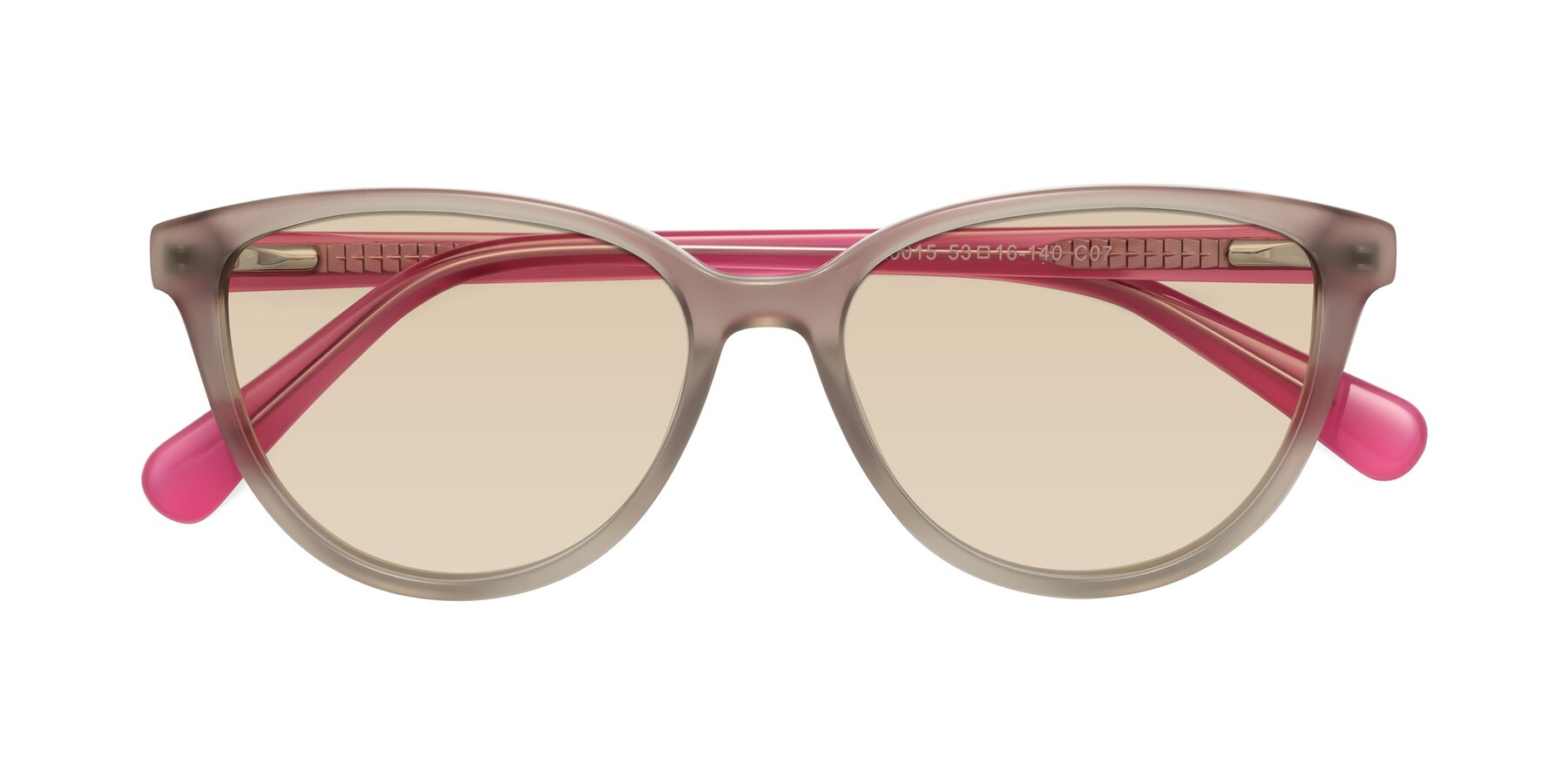 Folded Front of Guest in Pale Olive-Pink with Light Brown Tinted Lenses