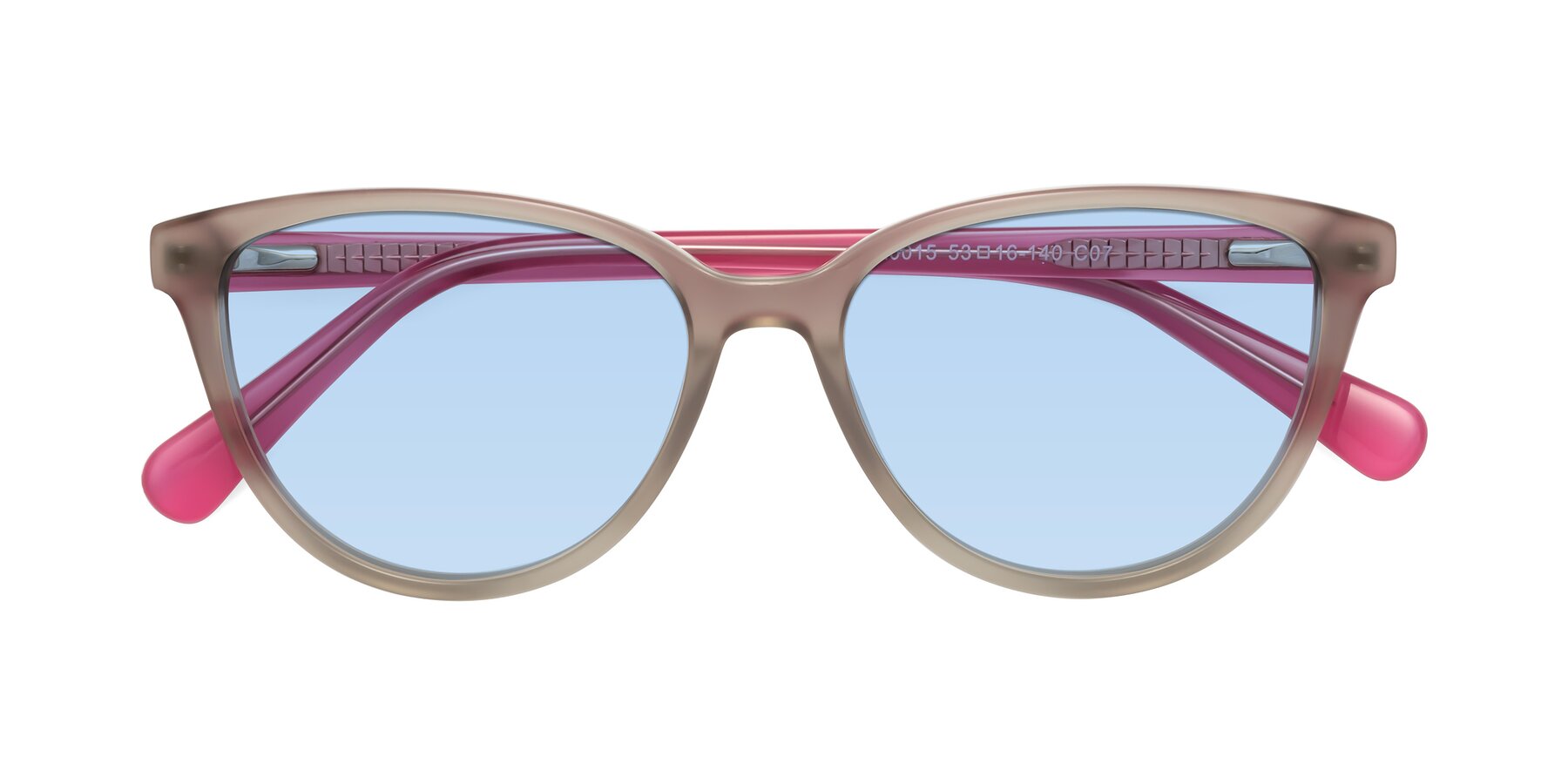 Folded Front of Guest in Pale Olive-Pink with Light Blue Tinted Lenses