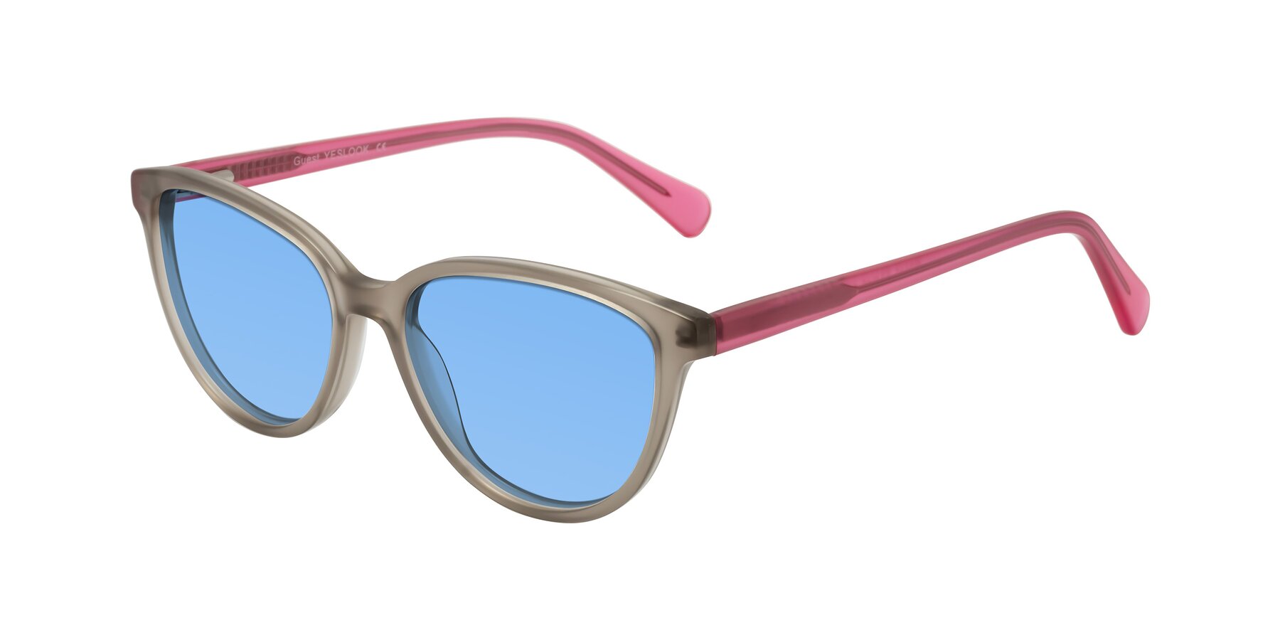 Angle of Guest in Pale Olive-Pink with Medium Blue Tinted Lenses