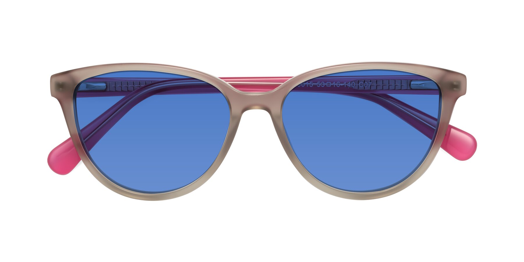 Folded Front of Guest in Pale Olive-Pink with Blue Tinted Lenses