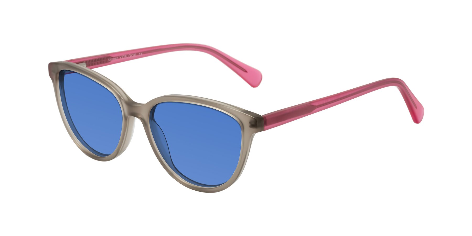 Angle of Guest in Pale Olive-Pink with Blue Tinted Lenses