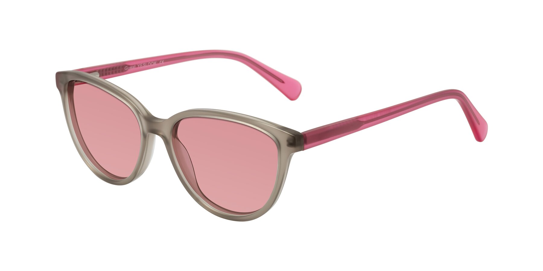 Angle of Guest in Pale Olive-Pink with Medium Garnet Tinted Lenses