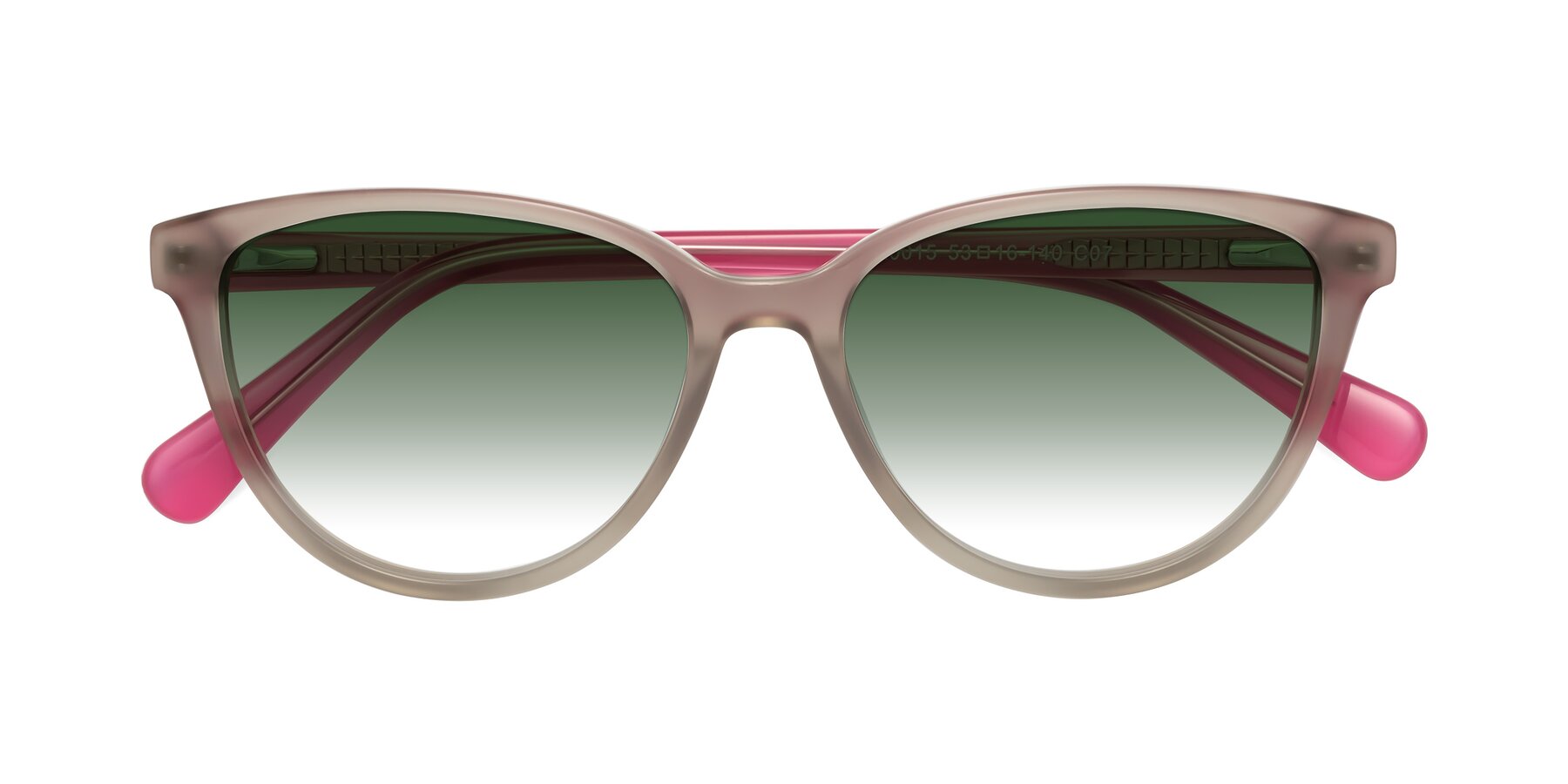 Folded Front of Guest in Pale Olive-Pink with Green Gradient Lenses