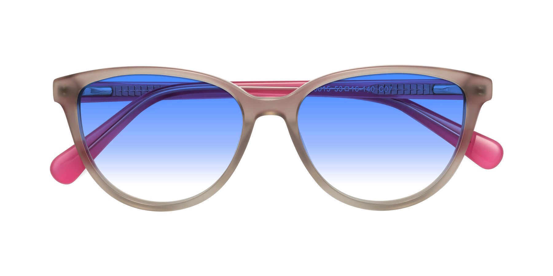 Folded Front of Guest in Pale Olive-Pink with Blue Gradient Lenses