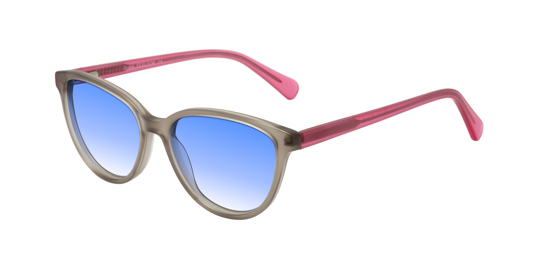 Angle of Guest in Pale Olive-Pink with Blue Gradient Lenses