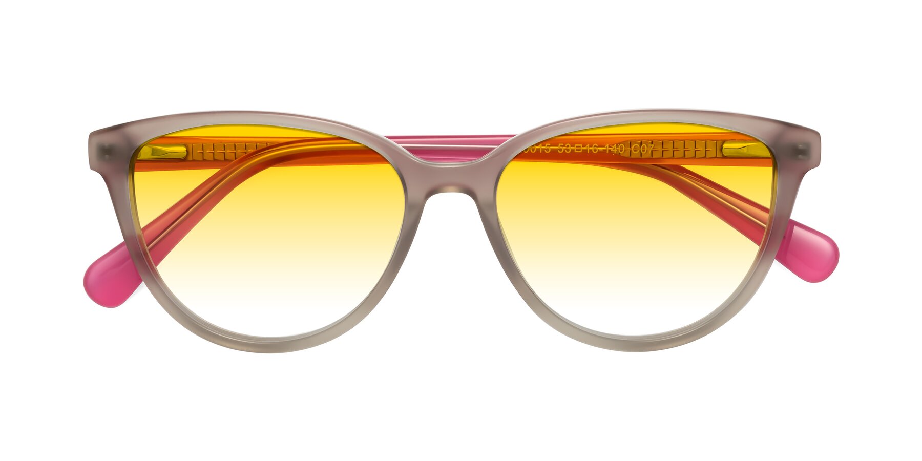 Folded Front of Guest in Pale Olive-Pink with Yellow Gradient Lenses