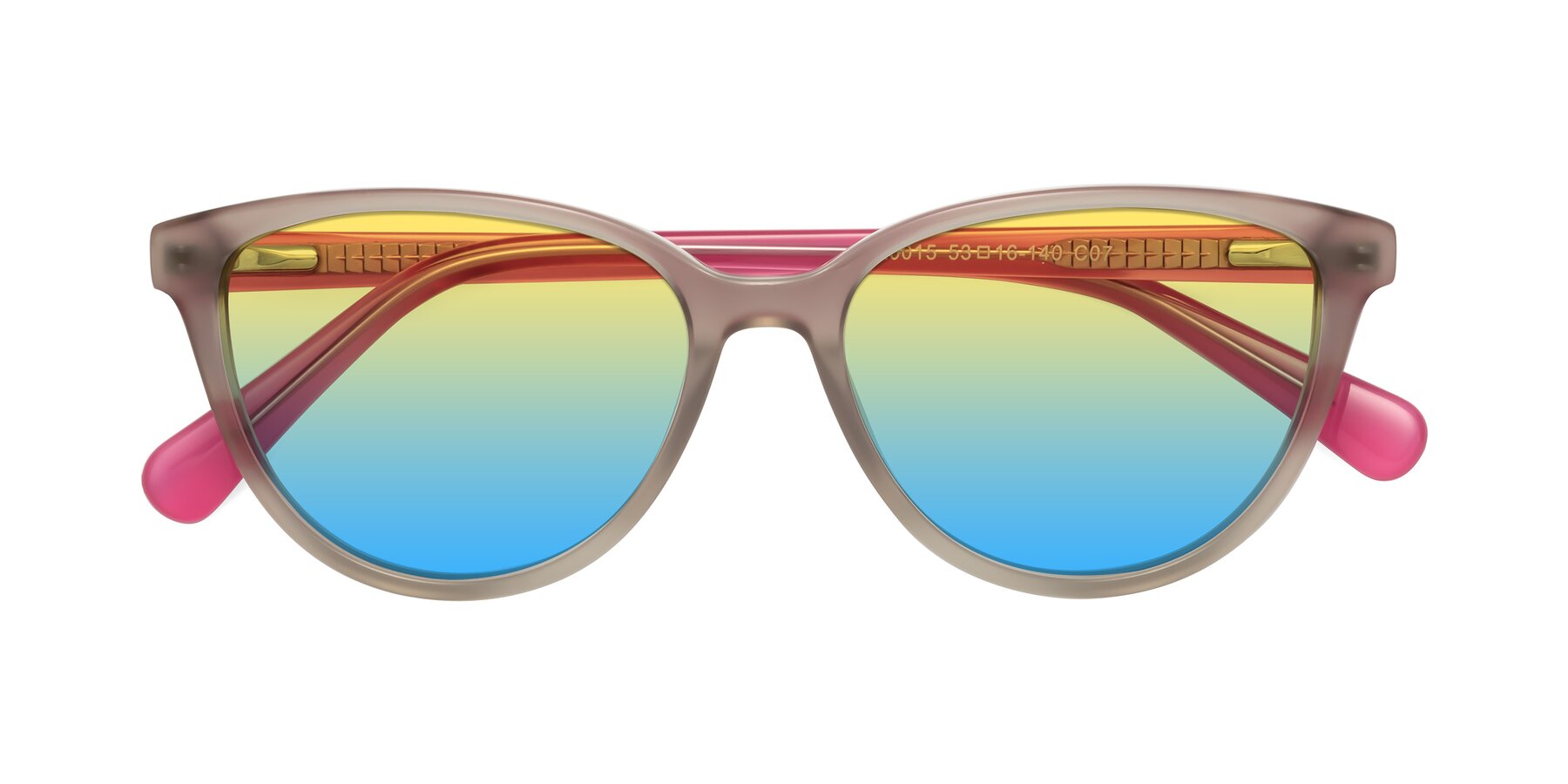 Folded Front of Guest in Pale Olive-Pink with Yellow / Blue Gradient Lenses