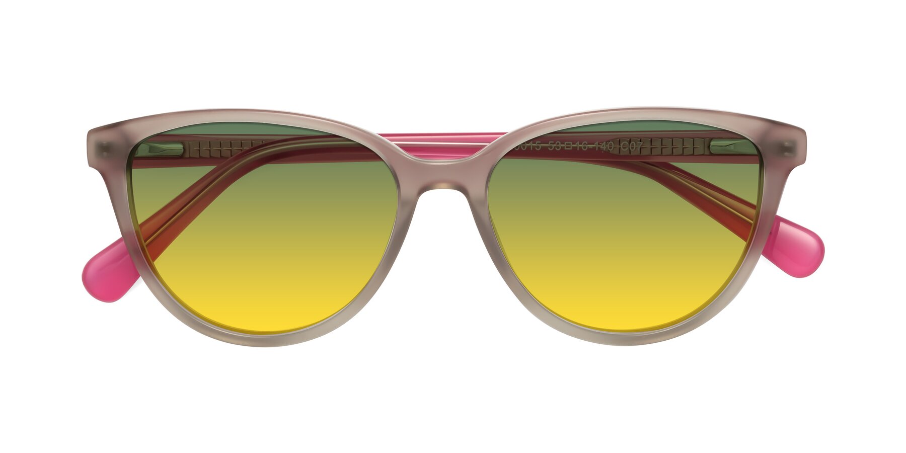 Folded Front of Guest in Pale Olive-Pink with Green / Yellow Gradient Lenses