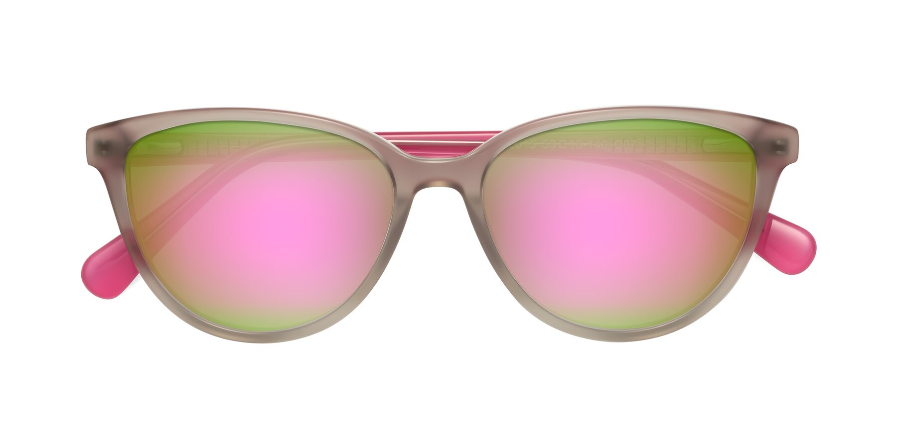 Folded Front of Guest in Pale Olive-Pink with Pink Mirrored Lenses